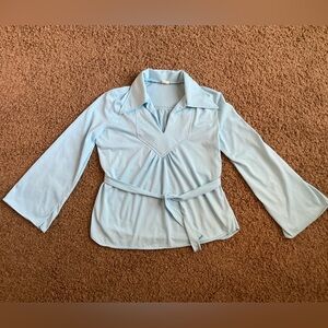 Genuine Vintage 1970’s Light Blue Bell Sleeved Top, Dagger Collar, Matching Belt